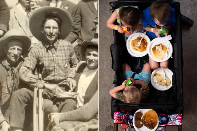 <p>Cowboys enjoy warm pancakes in 1923 (left) while kids tuck into their free breakfasts a century later in 2023</p>