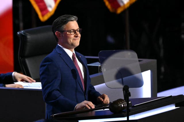 <p>Speaker Mike Johnson made a quick exit after the teleprompter cut out during the first day of the Republican National Convention on July 15, 2024 </p>