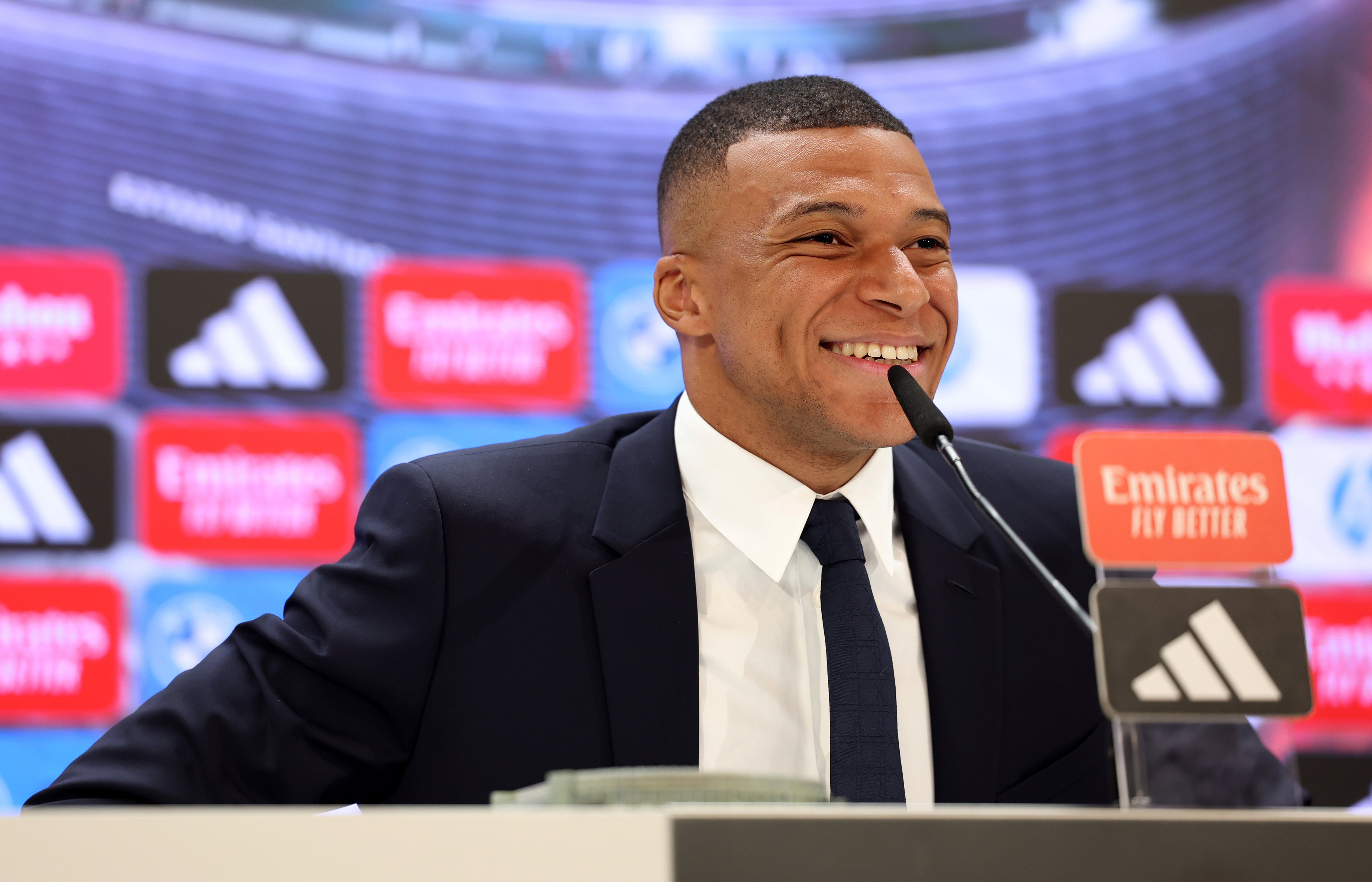 Kylian Mbappe smiles during a press conference (Isabel Infantes/PA)