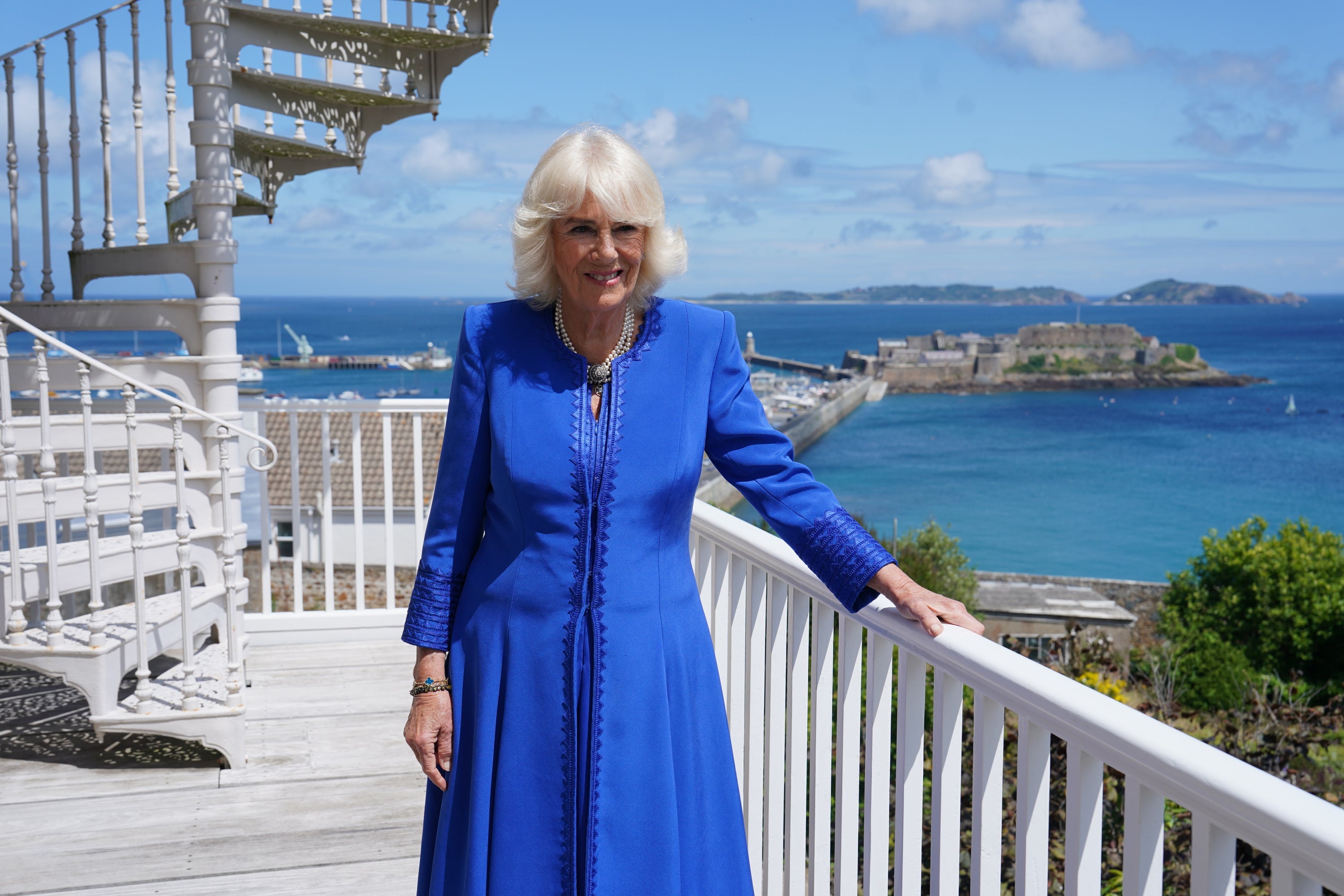 Queen Camilla turns 77 today. She is pictured here on her trip to the Channel Islands this week.