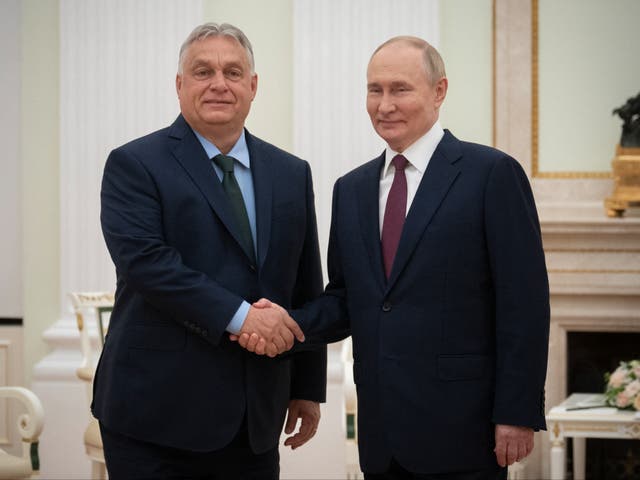<p>Hungarian prime minister Viktor Orban with Russian president Vladimir Putin in Moscow earlier this month </p>