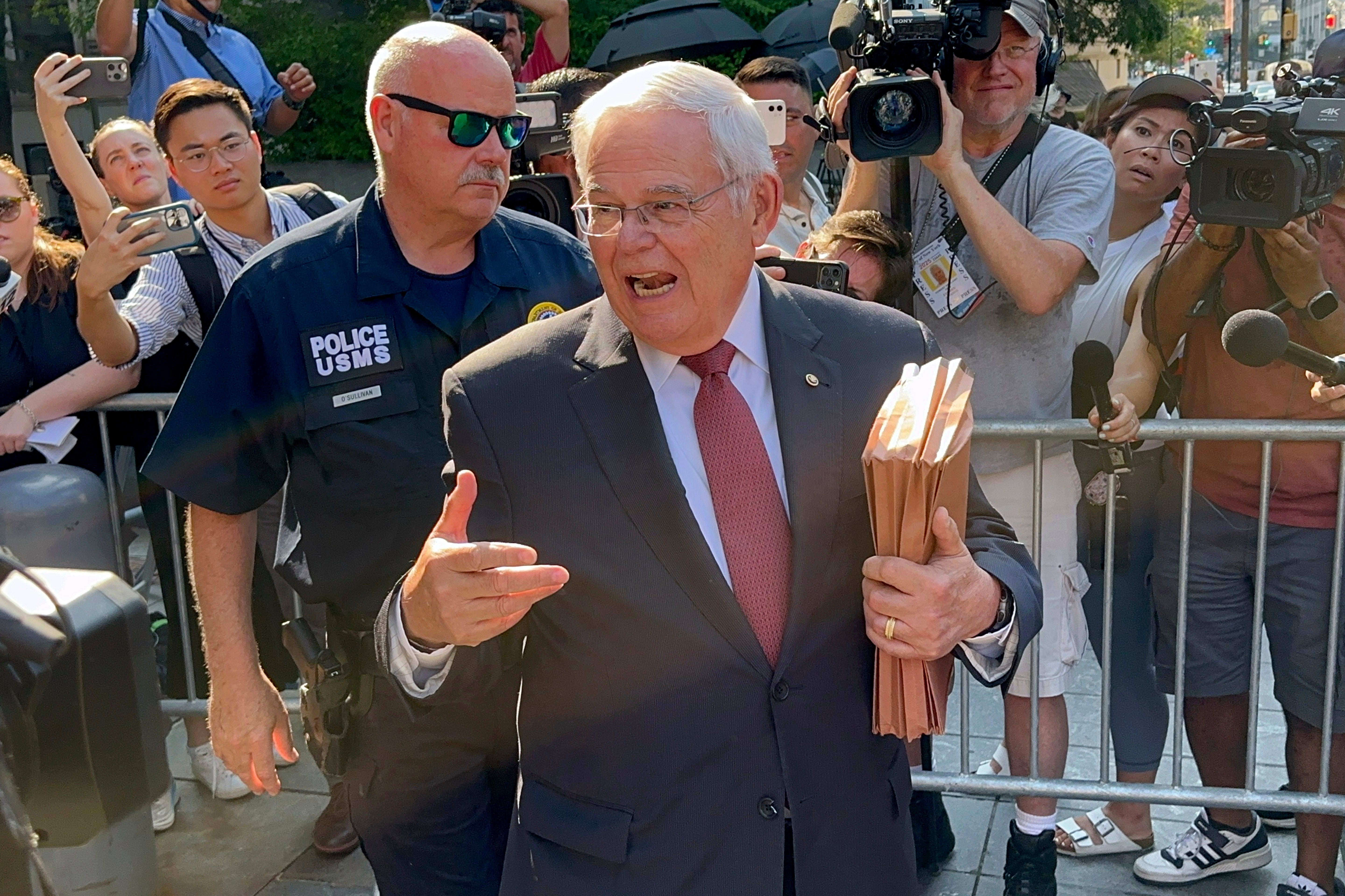 New Jersey Senator Bob Menendez arrives at federal court on July 16, 2024 for the verdict reading