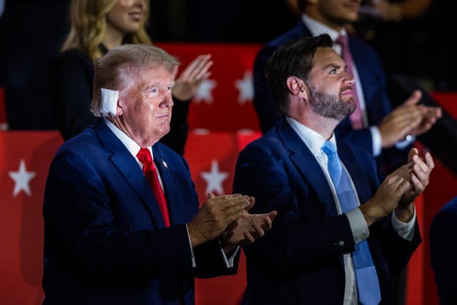 <p>Donald Trump and JD Vance appear at the Republican National Convention on July 15. Trump will rally with his running mate one week after the former president was shot at a rally in Pennsylvania</p>