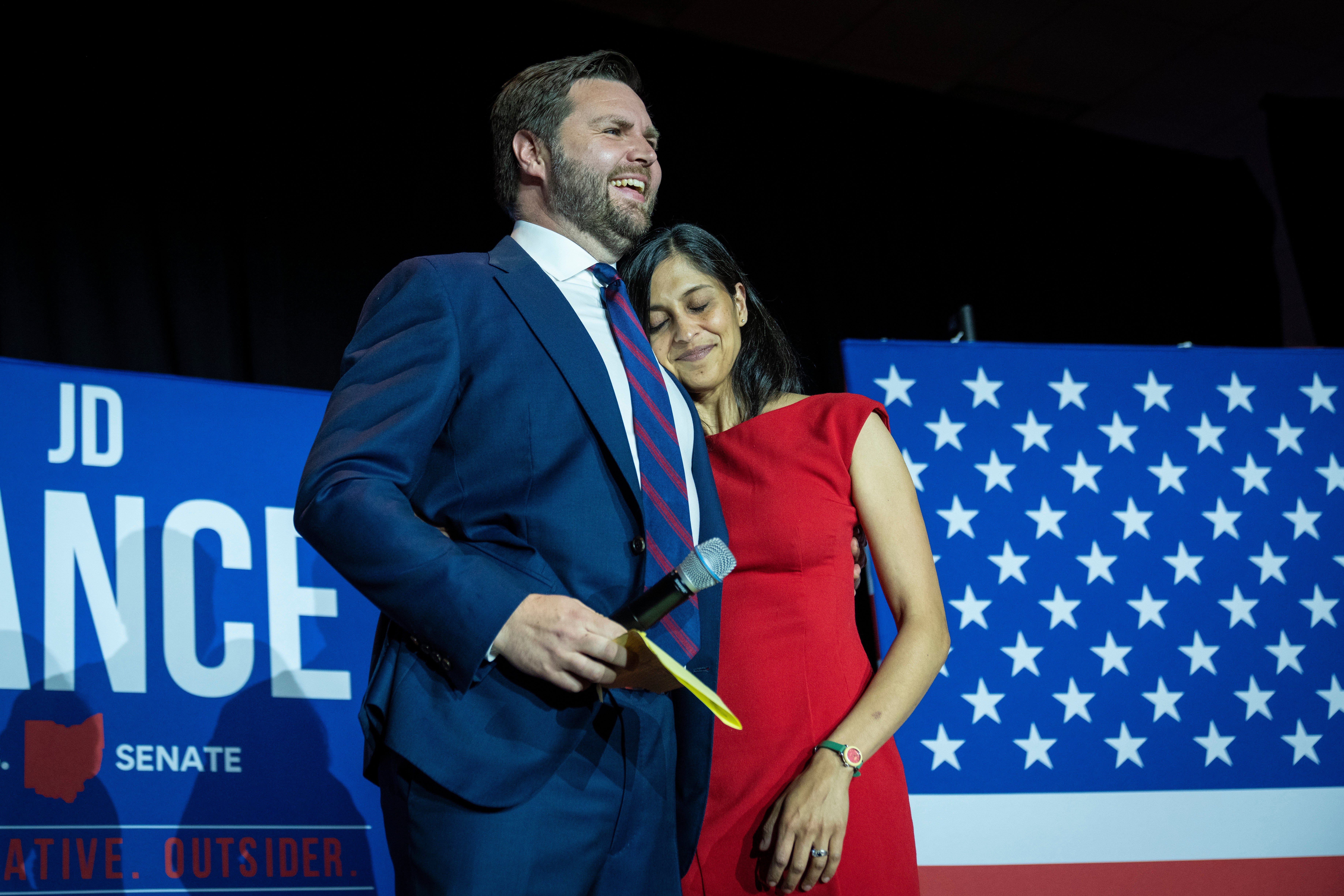 The Vances hug after JD secured the primary for his Senate seat on May 3, 2022 in Cincinnati, Ohio