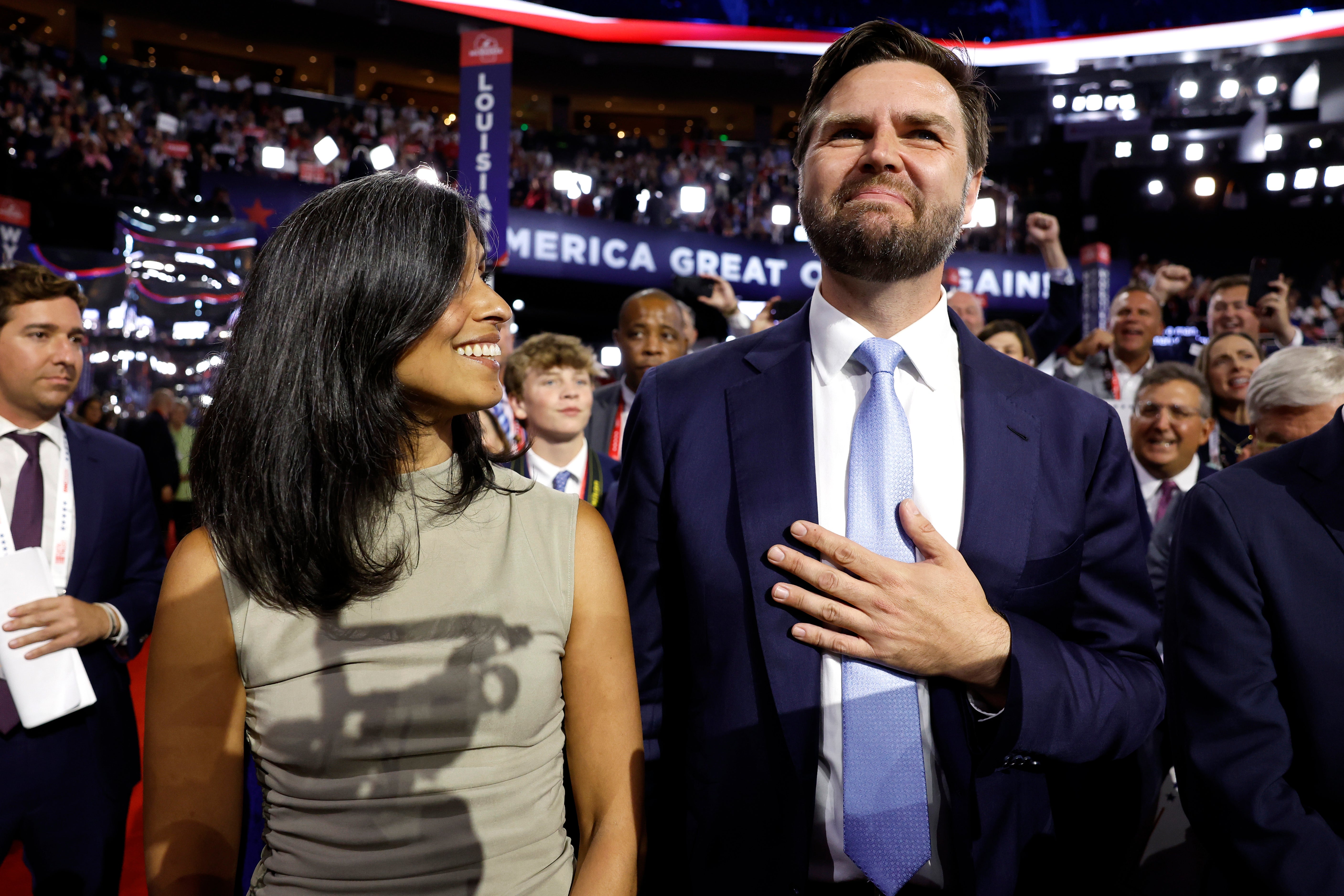 JD Vance and his wife Usha Chilukuri Vance celebrate as he is nominated for the office of Vice President on the first day of the Republican National Convention at the Fiserv Forum on July 15, 2024, in Milwaukee, Wisconsin.