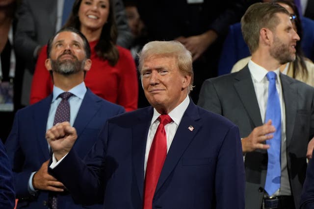 <p> Donald Trump appears during the Republican National Convention on Monday, July 15, 2024, two days after an assassination plot against him </p>