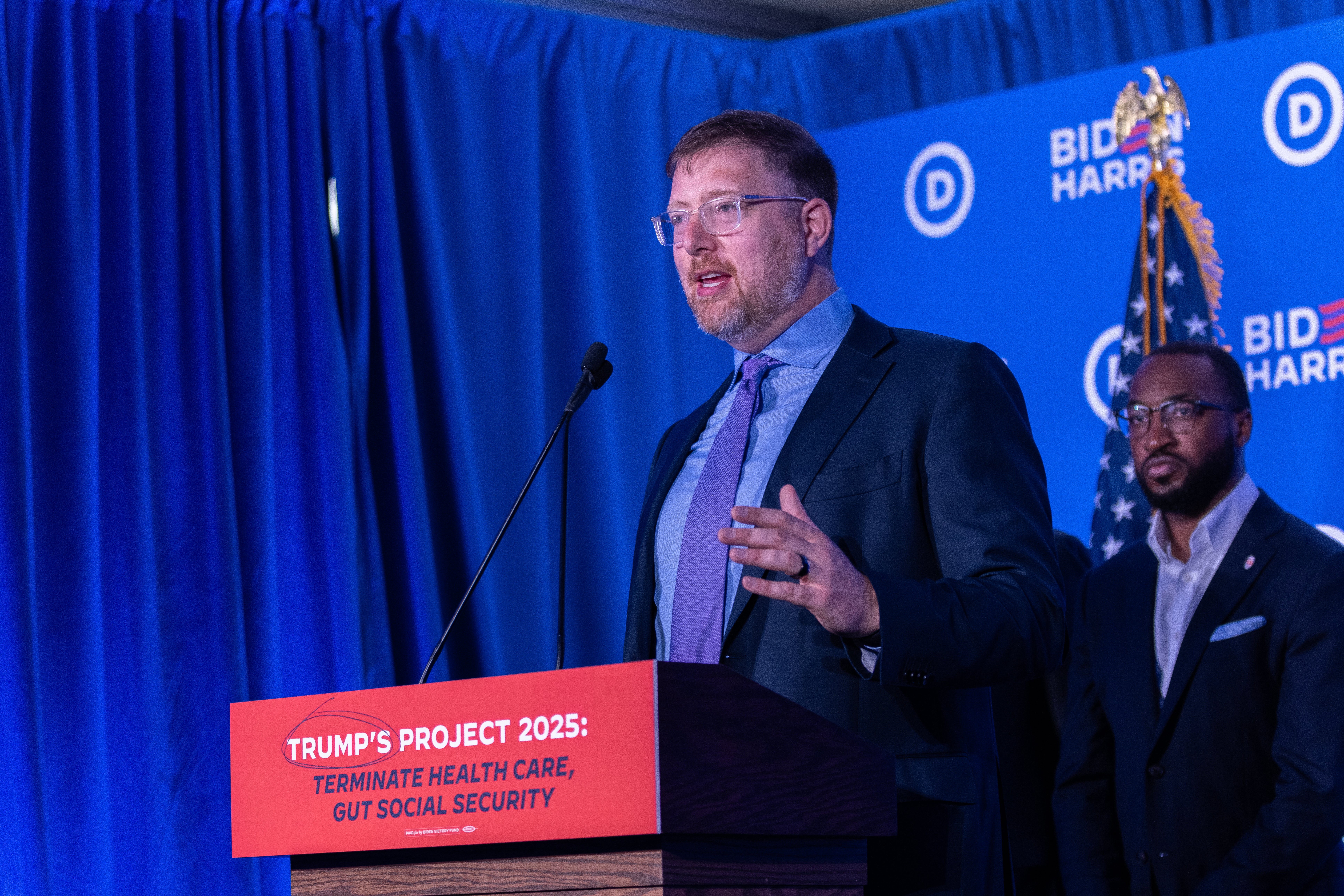 MILWAUKEE, WISCONSIN - JULY 16: Chair of the Democratic Party of Wisconsin Ben Wikler speaks at a Team Biden-Harris and DNC press conference in Downtown Milwaukee as the Republican National Convention continues. The press conference addressed Project 2025 and Donald Trump's proposed agenda.