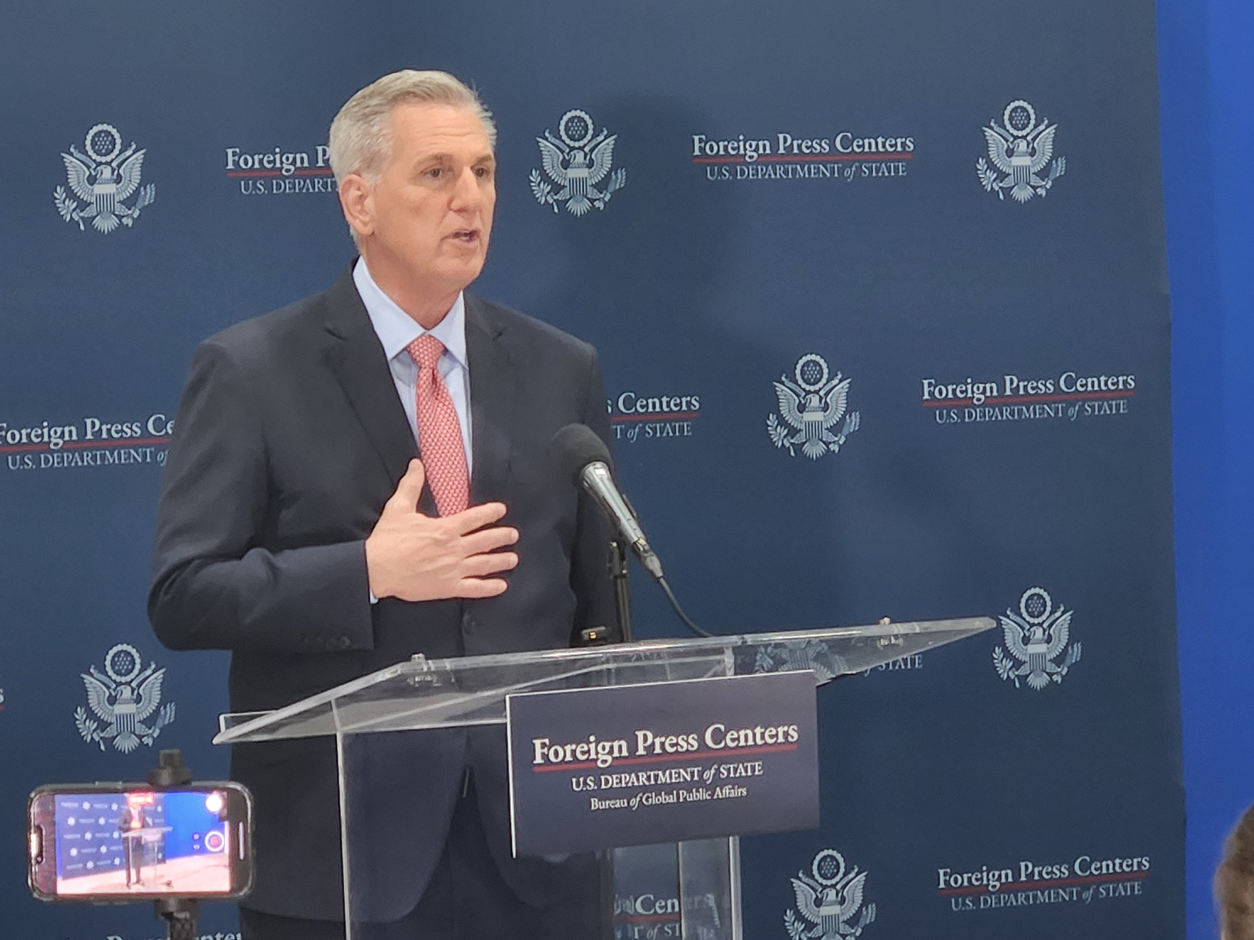 Kevin McCarthy, former House speaker, holds a press briefing on Tuesday at the Republican National Convention in Milwaukee.