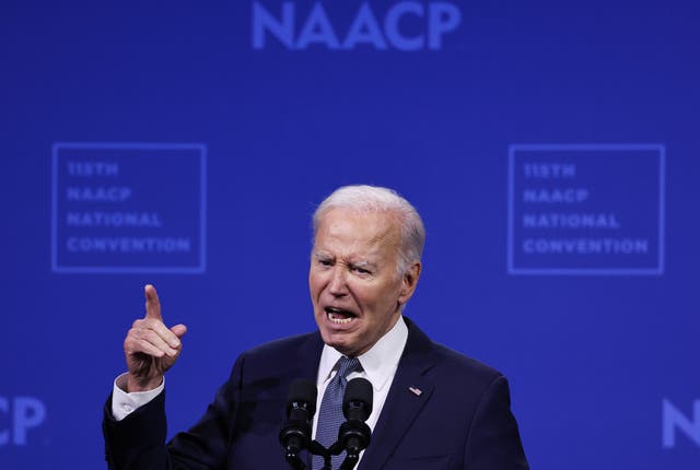<p>President Joe Biden addresses the 115th NAACP national convention in Las Vegas on July 16, where he renewed his demand for a ban on assault weapons like the one used in the attempted assassination of Donald Trump. </p>