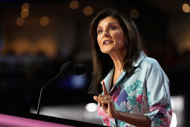 <p>Former UN ambassador Nikki Haley speaks during the Republican National Convention in Milwaukee. Haley said Republicans attacking Vice President Kamala Harris as a “DEI” canddiate are “not helpful” to Trump’s 2024 campaign </p>