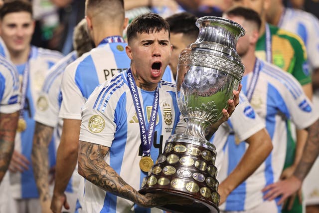 <p>Enzo Fernandez of Argentina celebrates with the trophy after the team's victory during the CONMEBOL Copa America 2024 Final match between Argentina and Colombia </p>