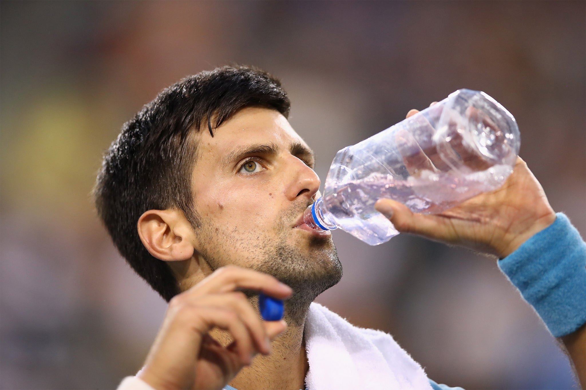 Serbian tennis player Novak Djokovic, drinking water 