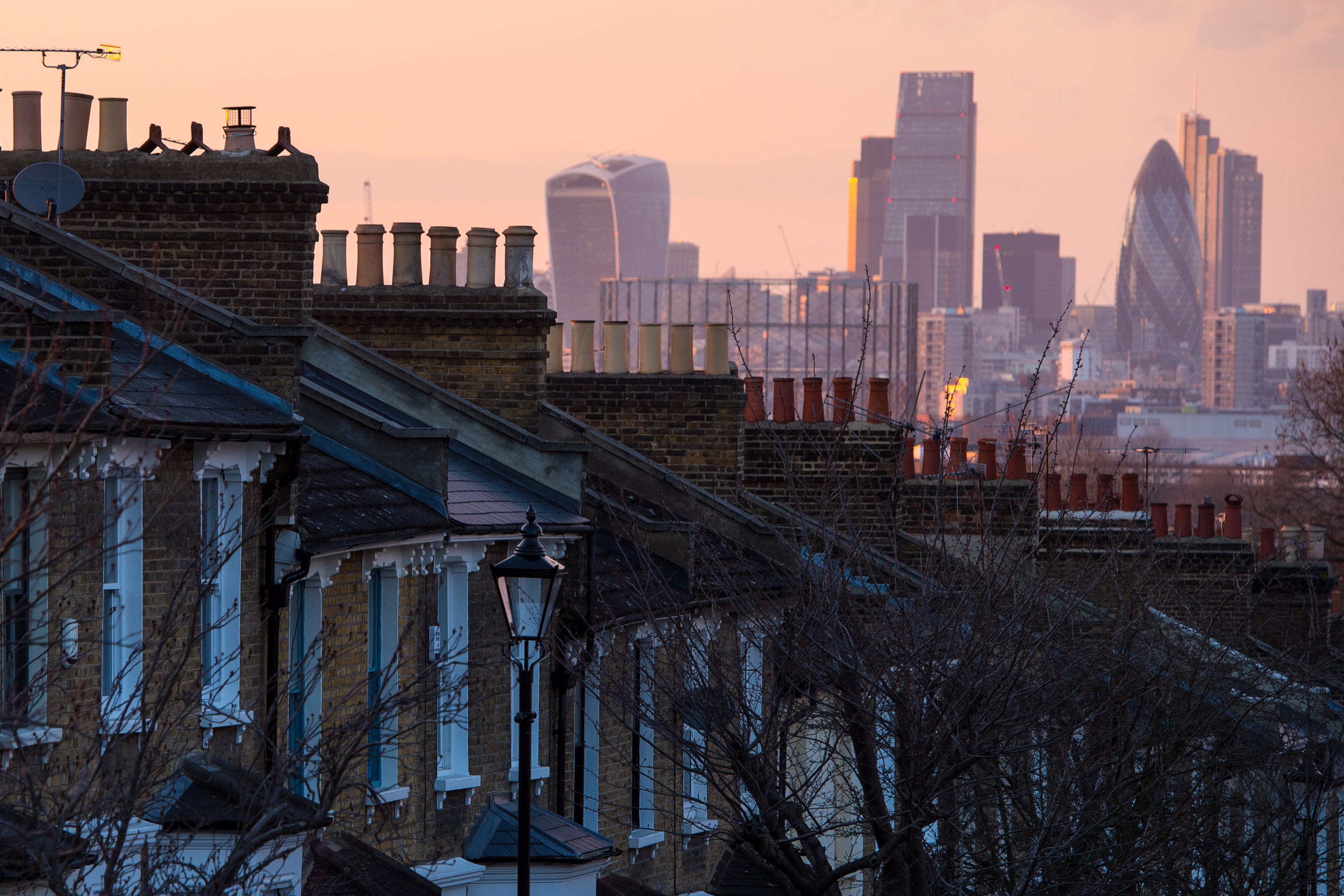 A London skyline view in the background with terraced housing in the foreground