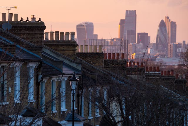 <p>A London skyline view in the background with terraced housing in the foreground
</p>