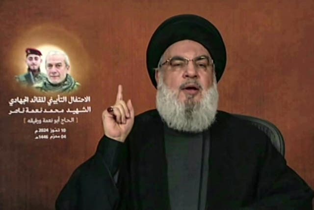 <p>Hezbollah chief Hassan Nasrallah giving a televised address from an undisclosed location in Lebanon</p>