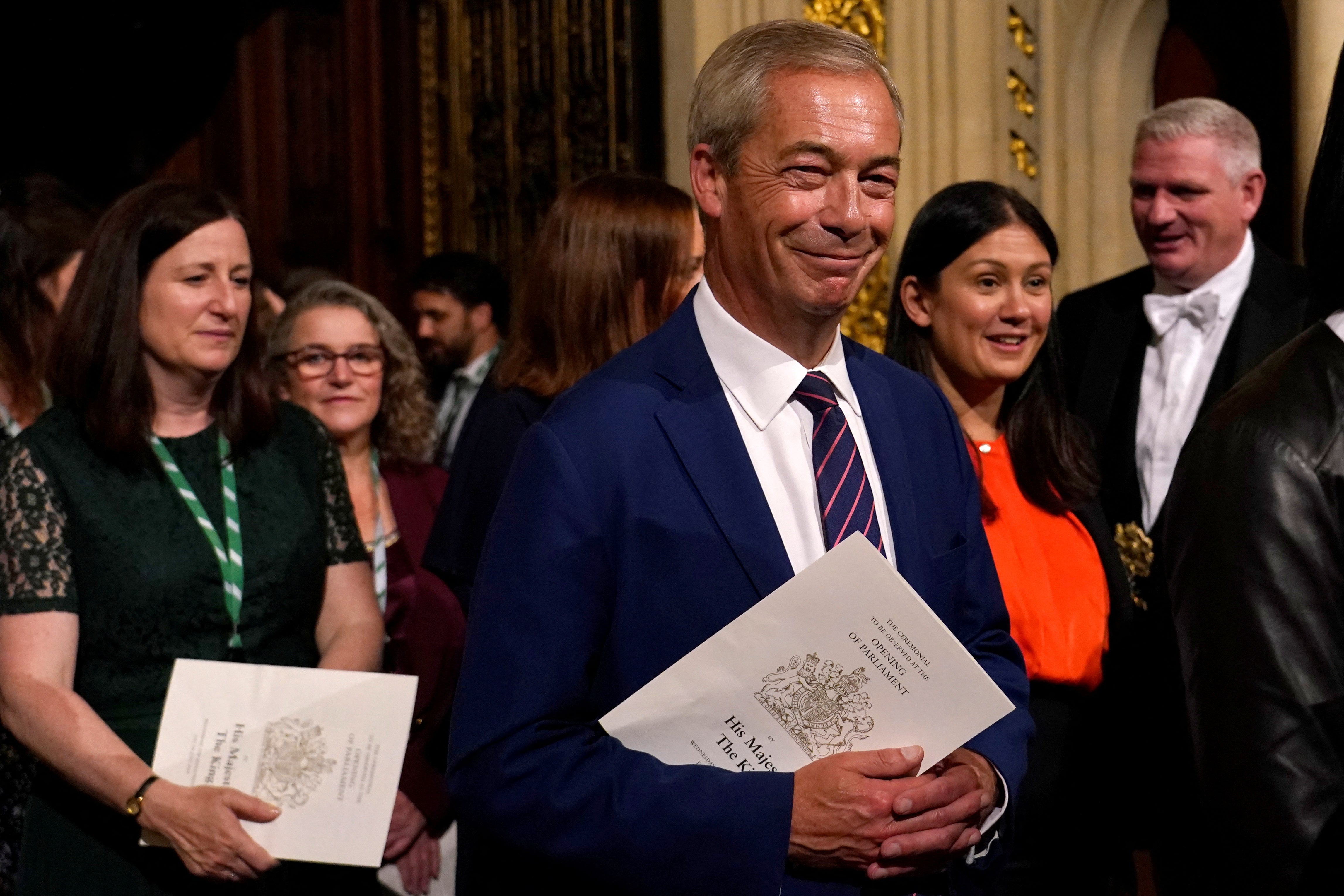 Reform UK leader Nigel Farage walks from the House of Lords after hearing the King's Speech during the State Opening of Parliament in the London, Britain, July 17, 2024