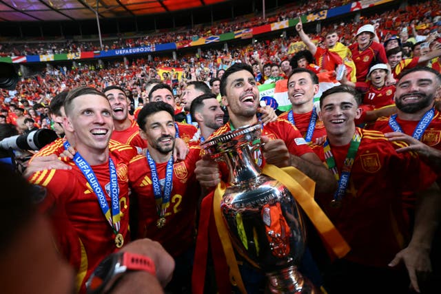 <p>Spain players celebrate with the European Championship trophy</p>