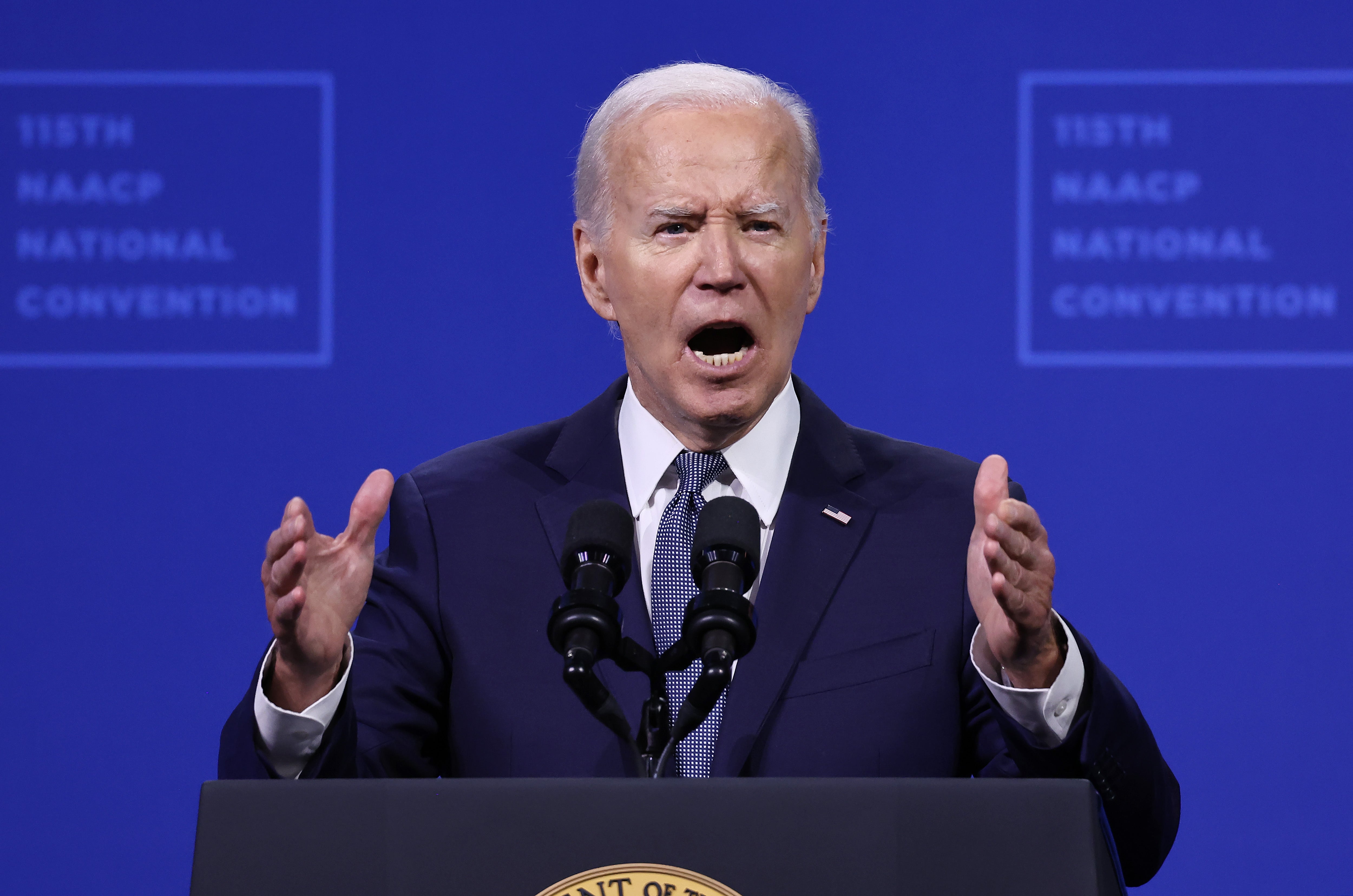 US President Joe Biden speaks at the 115th NAACP National Convention at the Mandalay Bay Convention Center on July 16, 2024 in Las Vegas. Biden said in an interview released on July 17 that he would step away from the presidential race if a doctor diagnosed him with a serious medical condition