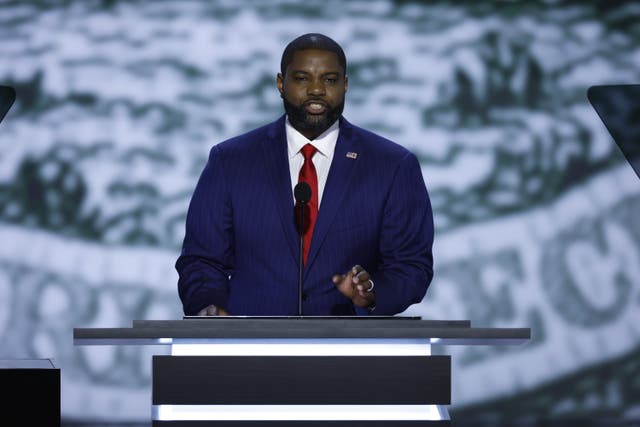 <p>U.S. Rep. Byron Donalds (R-FL) speaks on stage on the first day of the Republican National Convention at the Fiserv Forum on July 15, 2024 in Milwaukee, Wisconsin. Donalds has emerged as one of the most visible Black voices in the Republican Party </p>