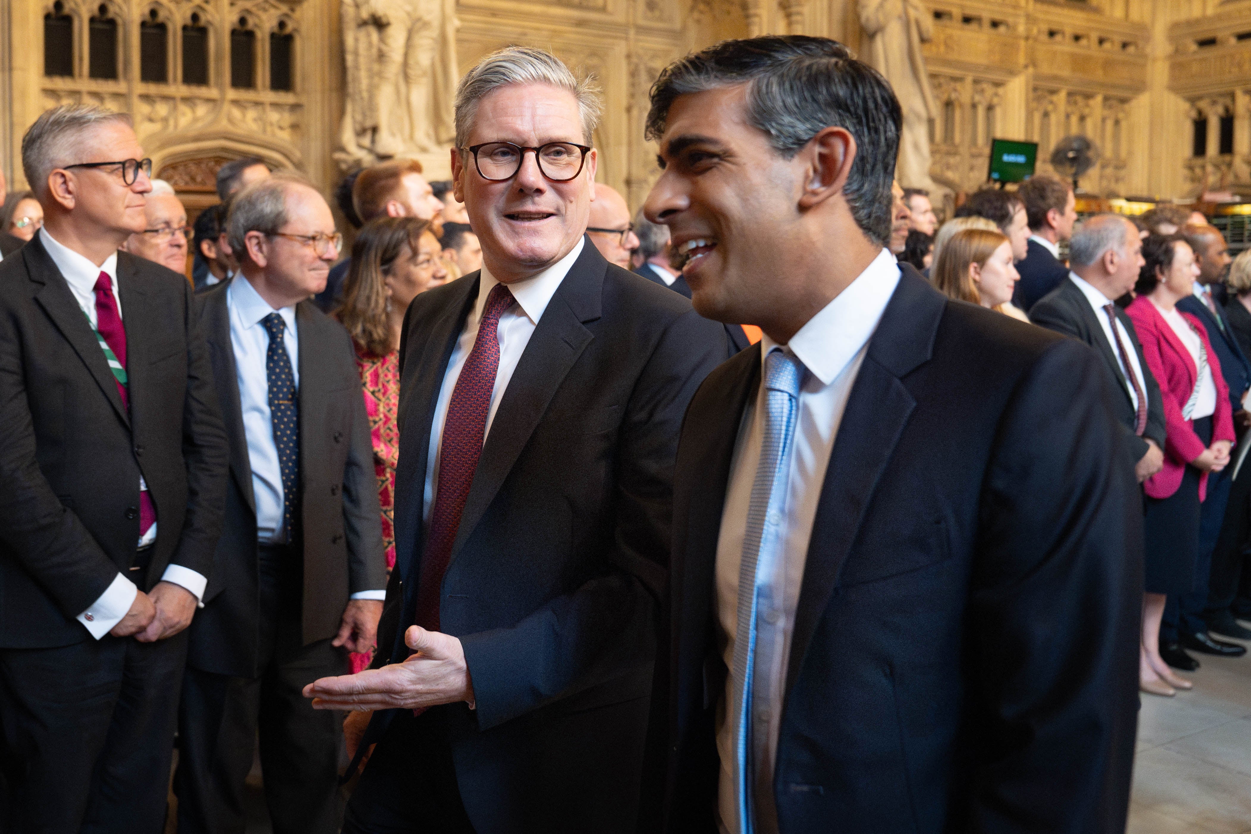 Prime minister Sir Keir Starmer and leader of the opposition Rishi Sunak walking through the members’ lobby ahead of the King’s Speech