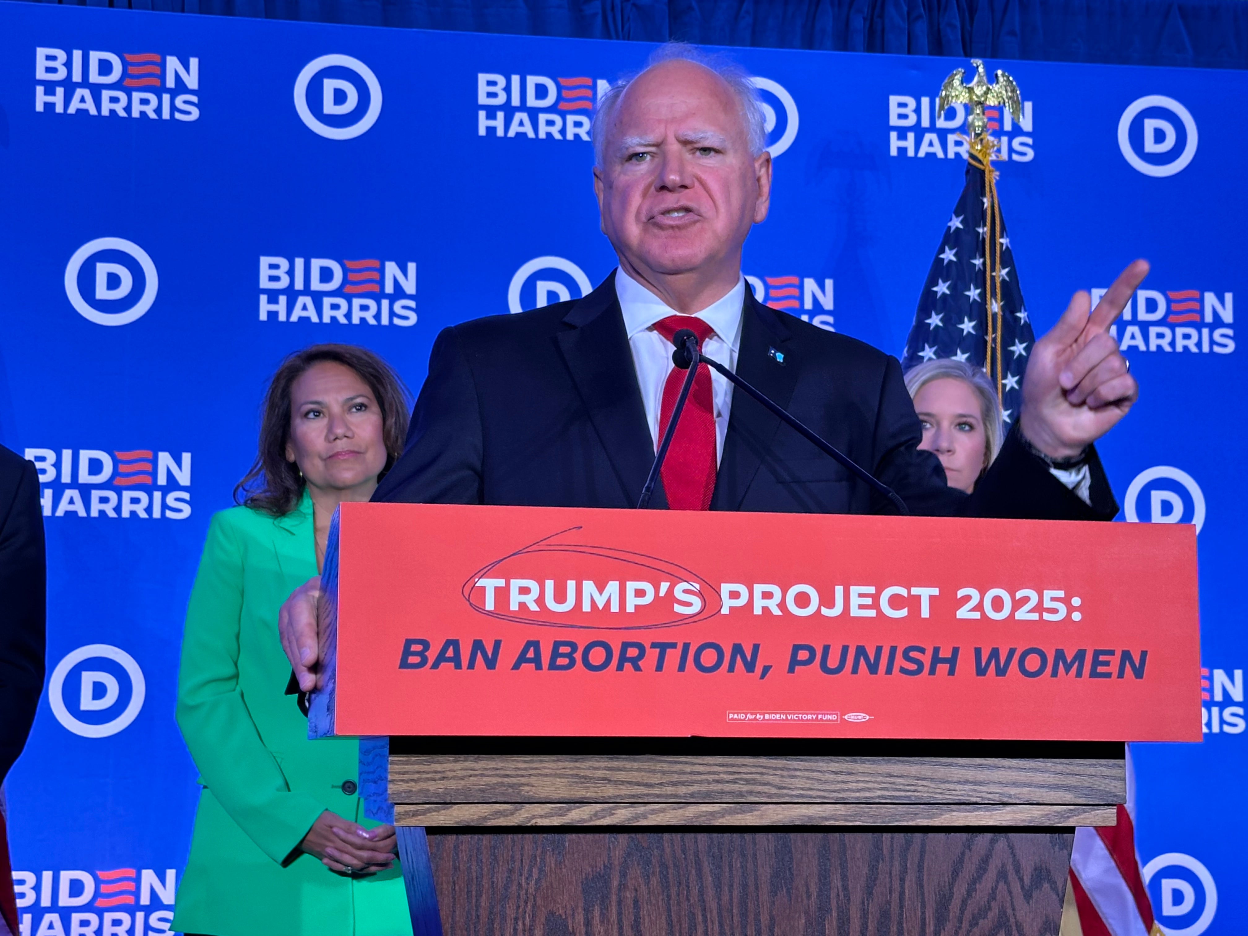 Minnesota Governor Tim Walz gestures during a press conference in Milwaukee on the third day of the Republican National Convention