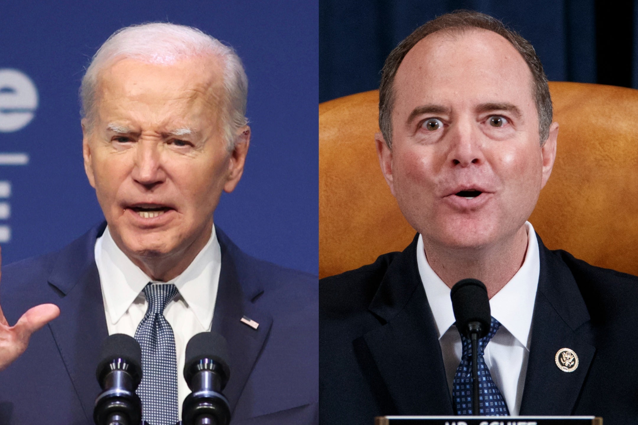 Rep Adam Schiff, right, has called on President Joe Biden, left, to step aside as the Democratic nominee