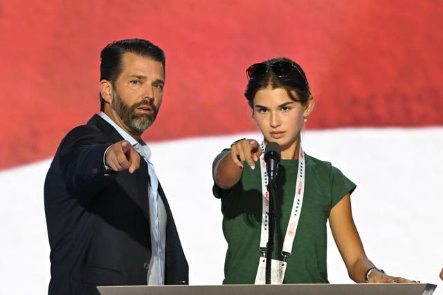 <p>Son of Former US President Donald Trump Donald Trump Jr. and his daughter Kai Madison Trump do a podium check during the third day of the 2024 Republican National Convention at the Fiserv Forum in Milwaukee, Wisconsin, on July 17, 2024</p>