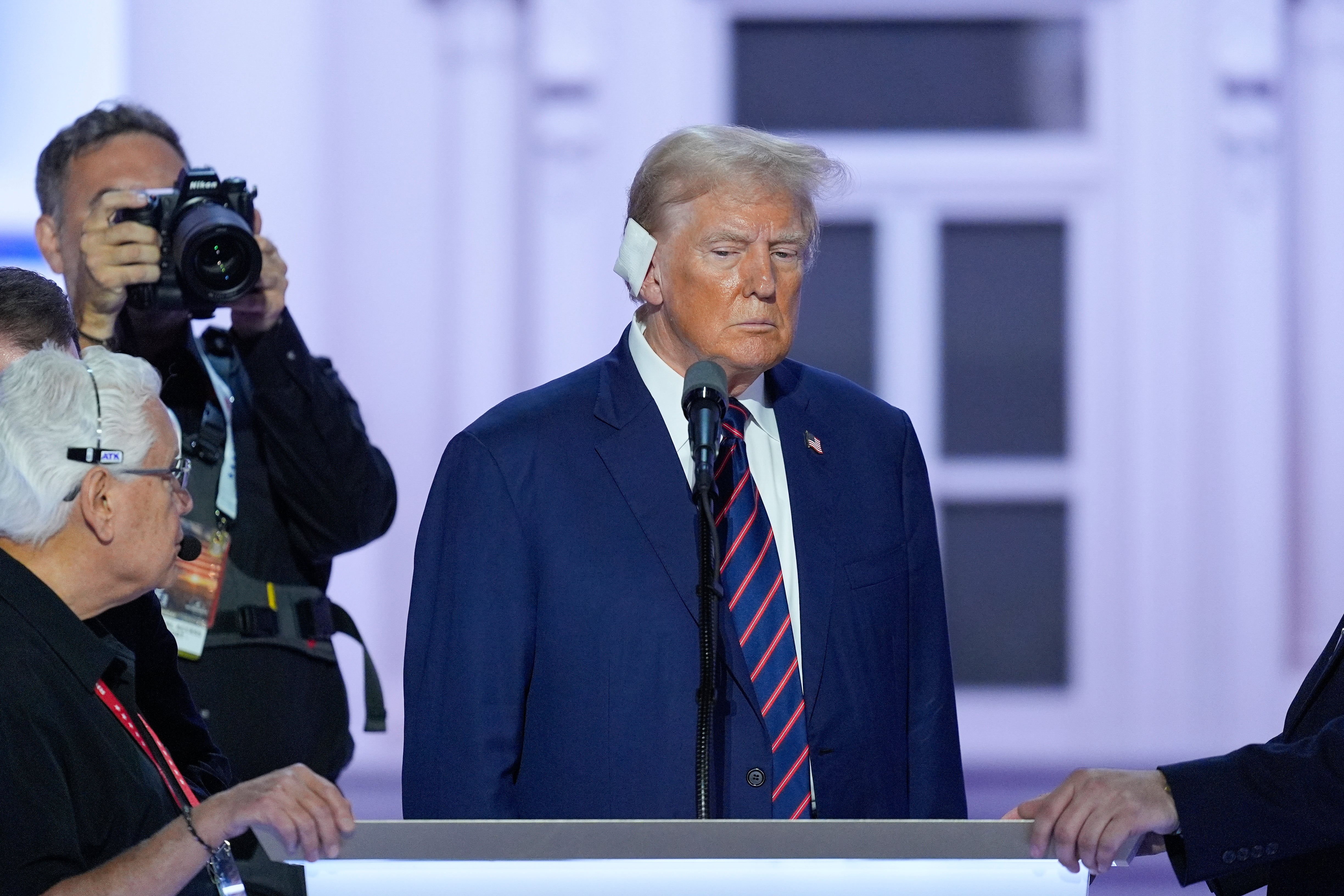 Donald Trump apepars on the stage of the Republican National Convention on July 17 during a walkthrough of his speech.