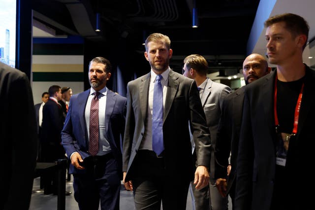 <p>Eric Trump, flanked by brother Donald Trump Jr on the left, attends the 2024 RNC convention in Milwaukee where anti-abortion Republicans are livid about changes to the GOP platform.</p>