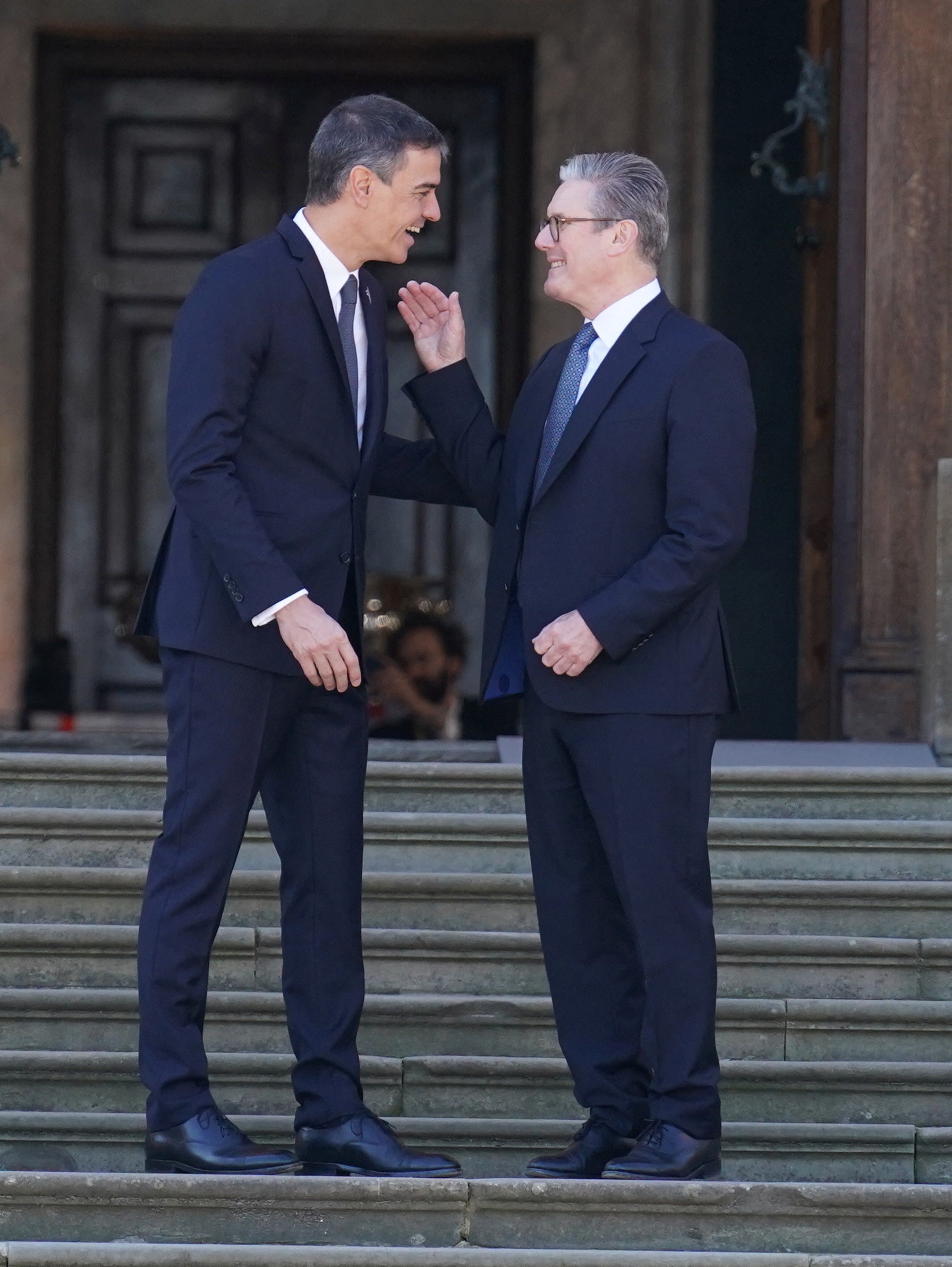 Prime Minister of Spain Pedro Sanchez is welcomed by British Prime Minister Keir Starmer to the European Political Community summit at Blenheim Palace in Woodstock, Oxfordshire