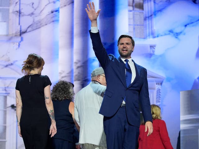 <p>Republican vice presidential candidate, Ohio Senator JD Vance, on stage after speaking at the third day of the Republican National Convention at the Fiserv Forum in Milwaukee on July 17, 2024</p>