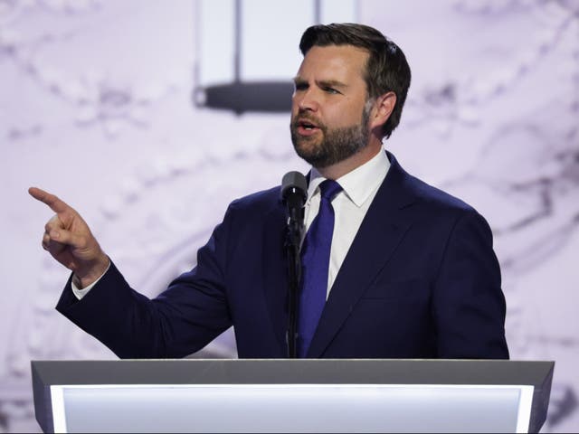 <p>Republican vice presidential candidate Ohio Senator JD Vance gives speech on day three of the Republican National Convention </p>