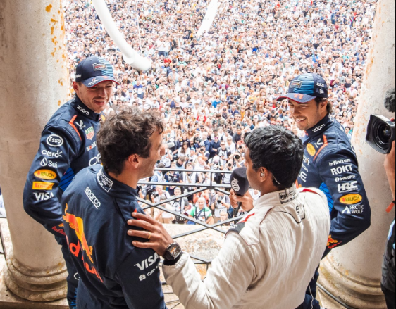 <p>Karun Chandhok interviews Max Verstappen, Daniel Ricciardo and Sergio Perez at Goodwood Festival of Speed</p>