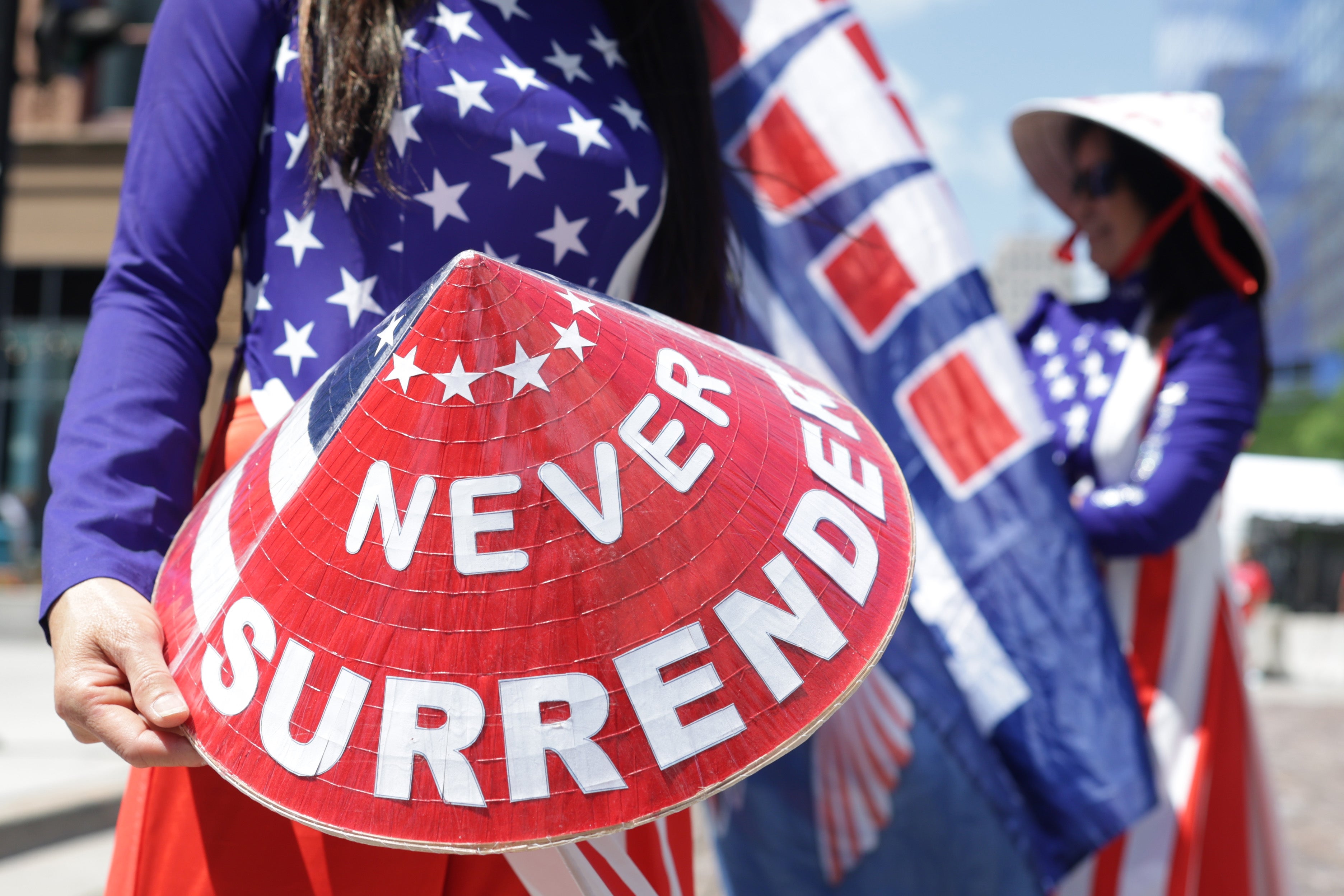 A supporter of presidential candidate Donald Trump with a ‘never surrender’ dome-shaped hat