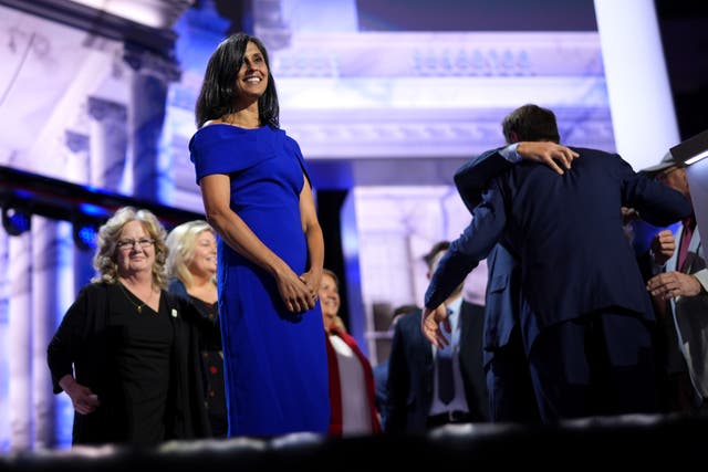 <p>Usha Chilukuri Vance, wife of J.D. Vance stands on stage on the third day of the Republican National Convention at the Fiserv Forum on July 17, 2024 in Milwaukee, Wisconsin. Delegates, politicians, and the Republican faithful are in Milwaukee for the annual convention, concluding with former President Donald Trump accepting his party’s presidential nomination</p>
