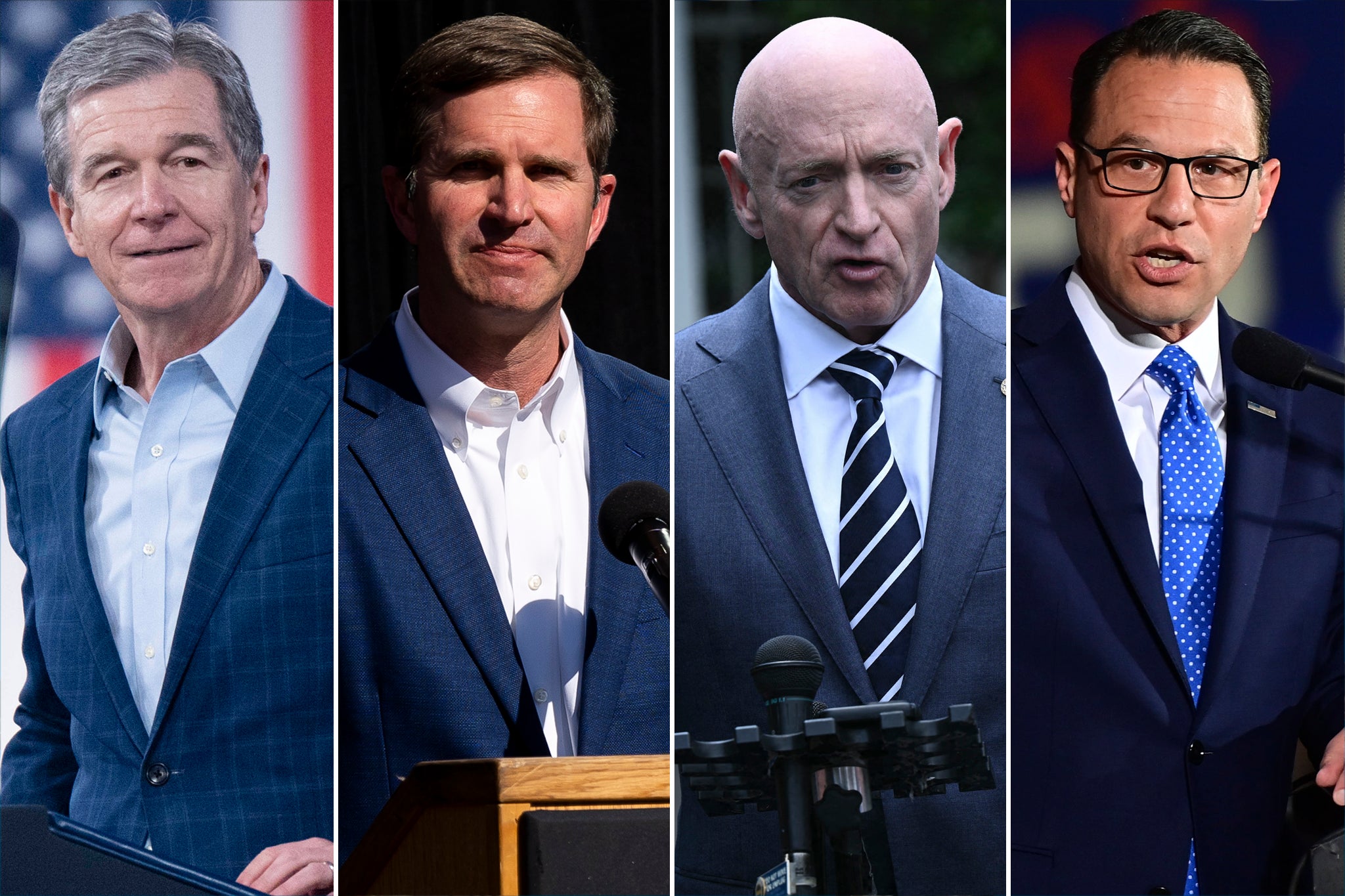 From Left to Right: North Carolina Governor Roy Cooper, Kentucky Governor Andy Beshear, Arizona Senator Mark Kelly and Pennsylvania Governor Josh Shapiro of Pennsylvania are all potential picks for Vice President Kamala Harris’s running mate.