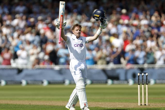 Ollie Pope celebrates his hundred against the West Indies (Nigel French/PA)