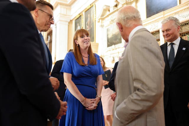 The King talks with Finland’s President Alexander Stubb, Lithuania’s President Gitanas Nauseda and Deputy Prime Minister Angela Rayner (Hollie Adams/PA)