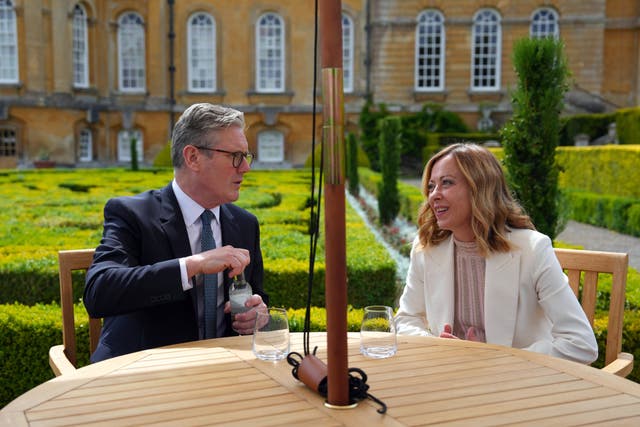 <p>The prime ministers of Britain and Italy, Keir Starmer and Giorgia Meloni, at Blenheim Palace during July’s European Political Community meeting </p>