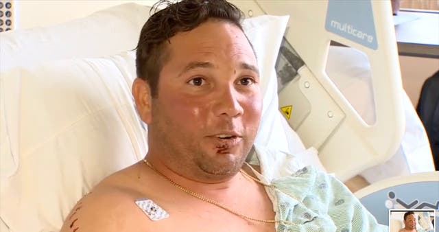 <p>Jose Abreu Hernandez speaking from his hospital bed in Florida after he was attacked by a shark this week while spearfishing </p>