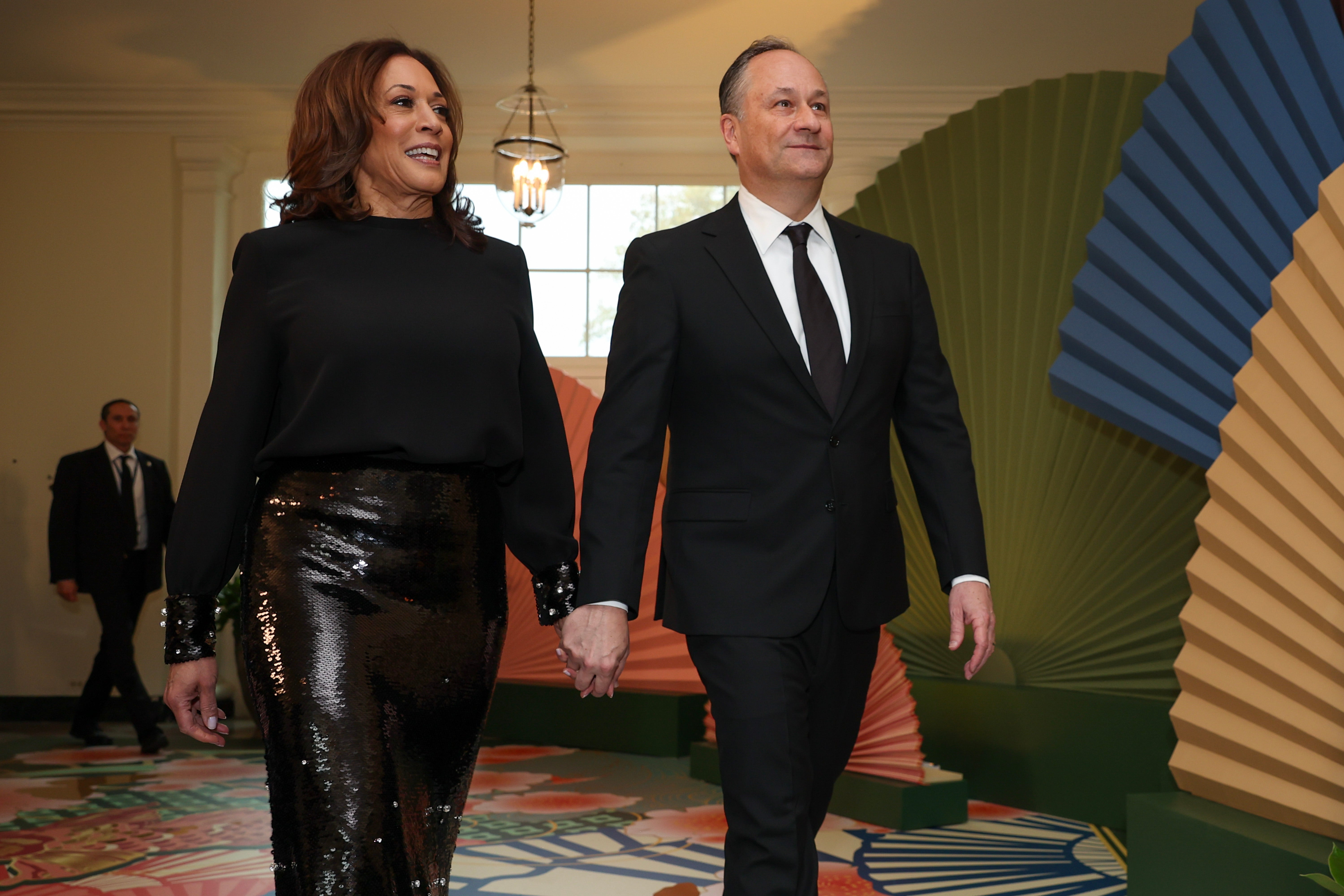 Vice President Kamala Harris and Second Gentleman Doug Emhoff arrive at the White House for a state dinner on April 10, 2024 in Washington, DC