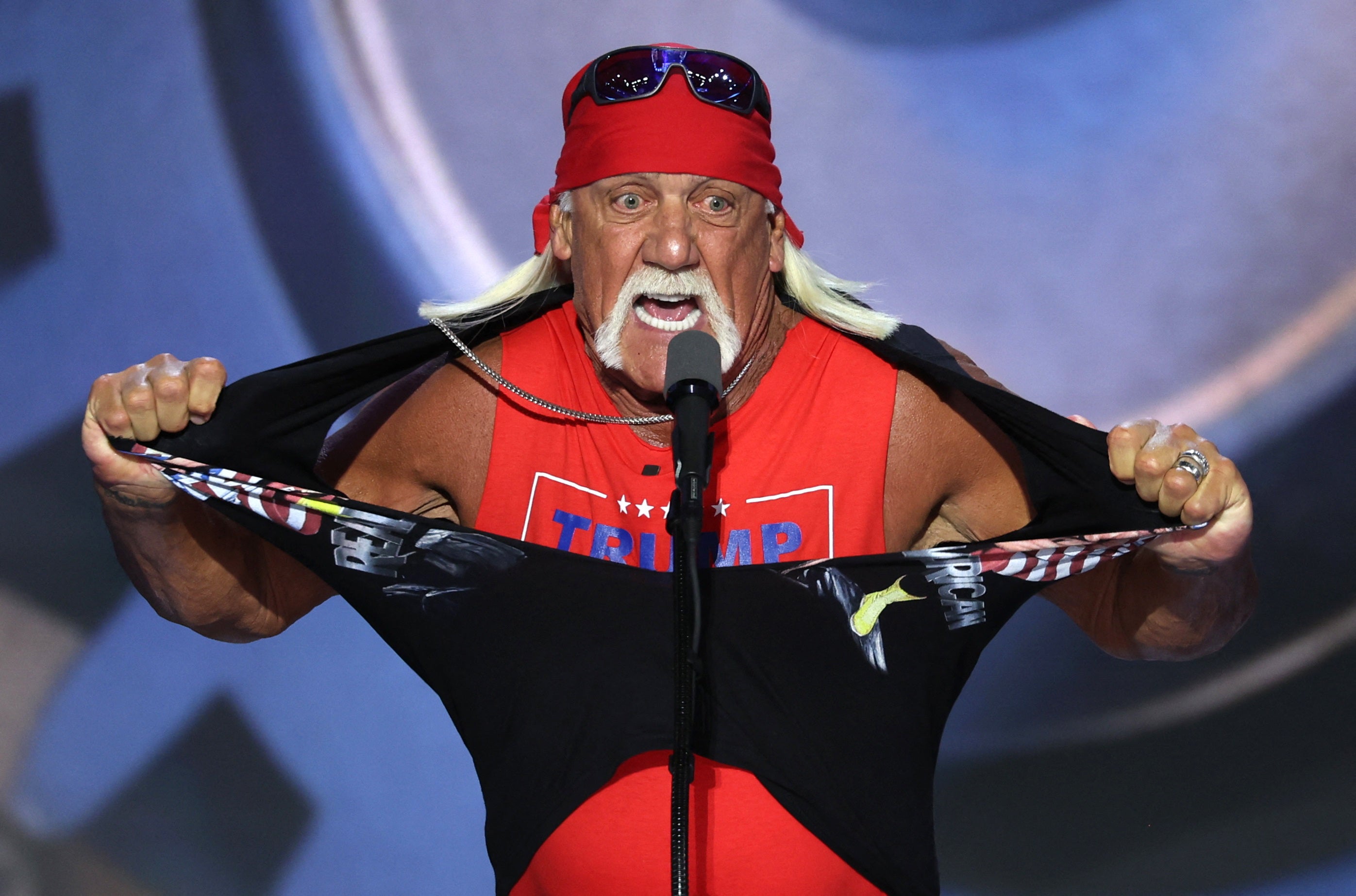 In one of the highlights of his address, Hogan ripped his shirt off to reveal a vest that read ‘Trump/ Vance 2024’