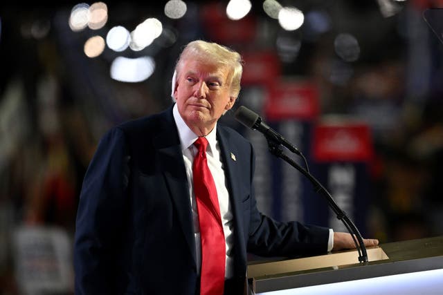 <p>Donald Trump, with a bandage on his ear from an assassination attempt foiled at his rally on Saturday, speaks at the RNC after accepting the 2024 Republican nomination for president</p>