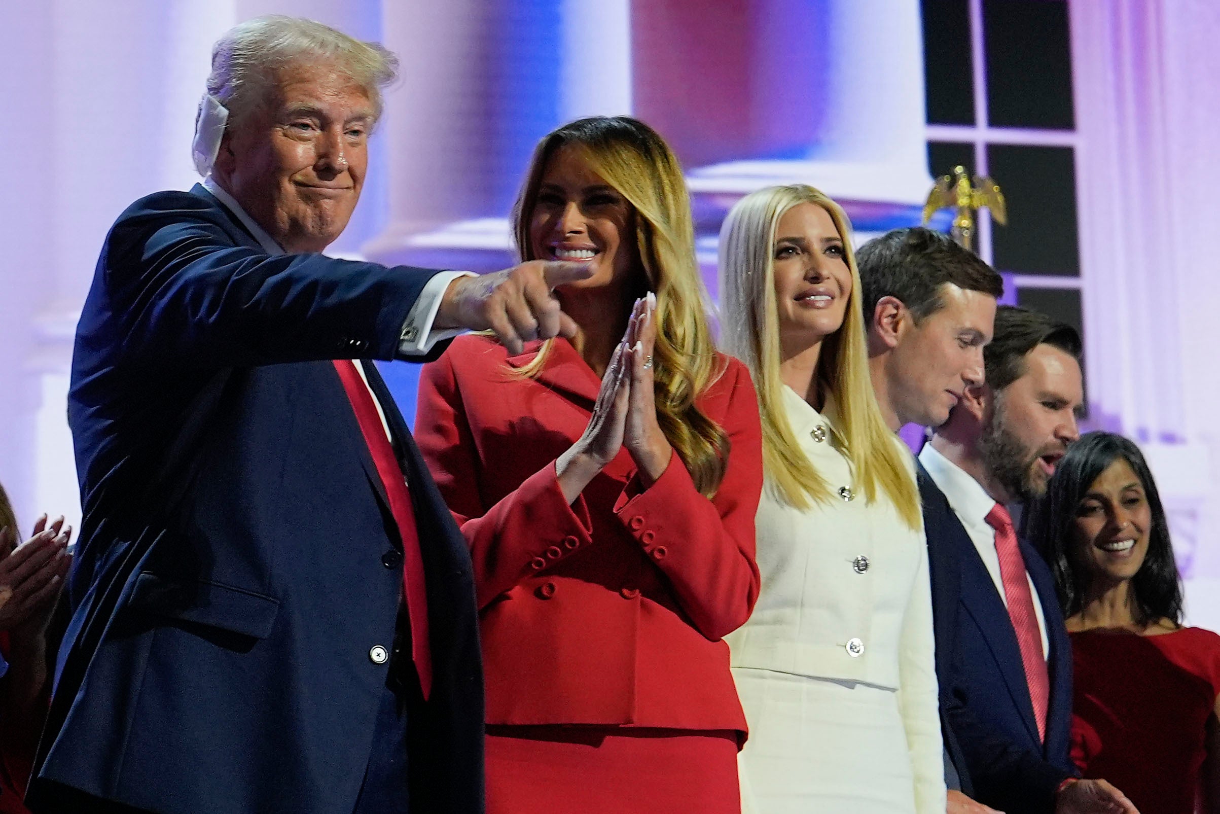 Trump celebrates onstage with his family after he accepted the GOP nomination for president. But many Democrats saw in his speech a glimmer of hope for their own party