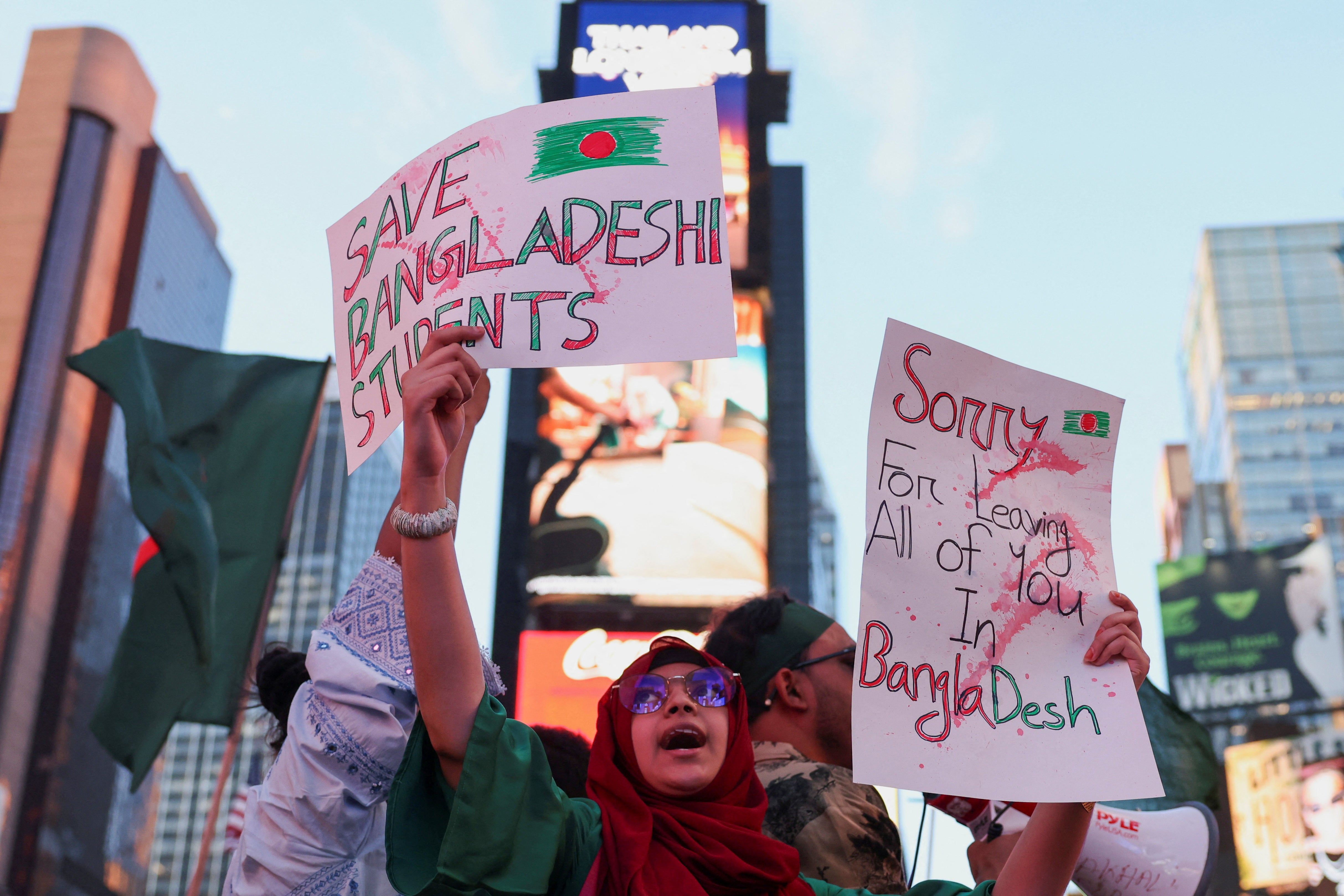 Protesters against quotas for government jobs in Bangladesh demonstrate in Times Square in New York City