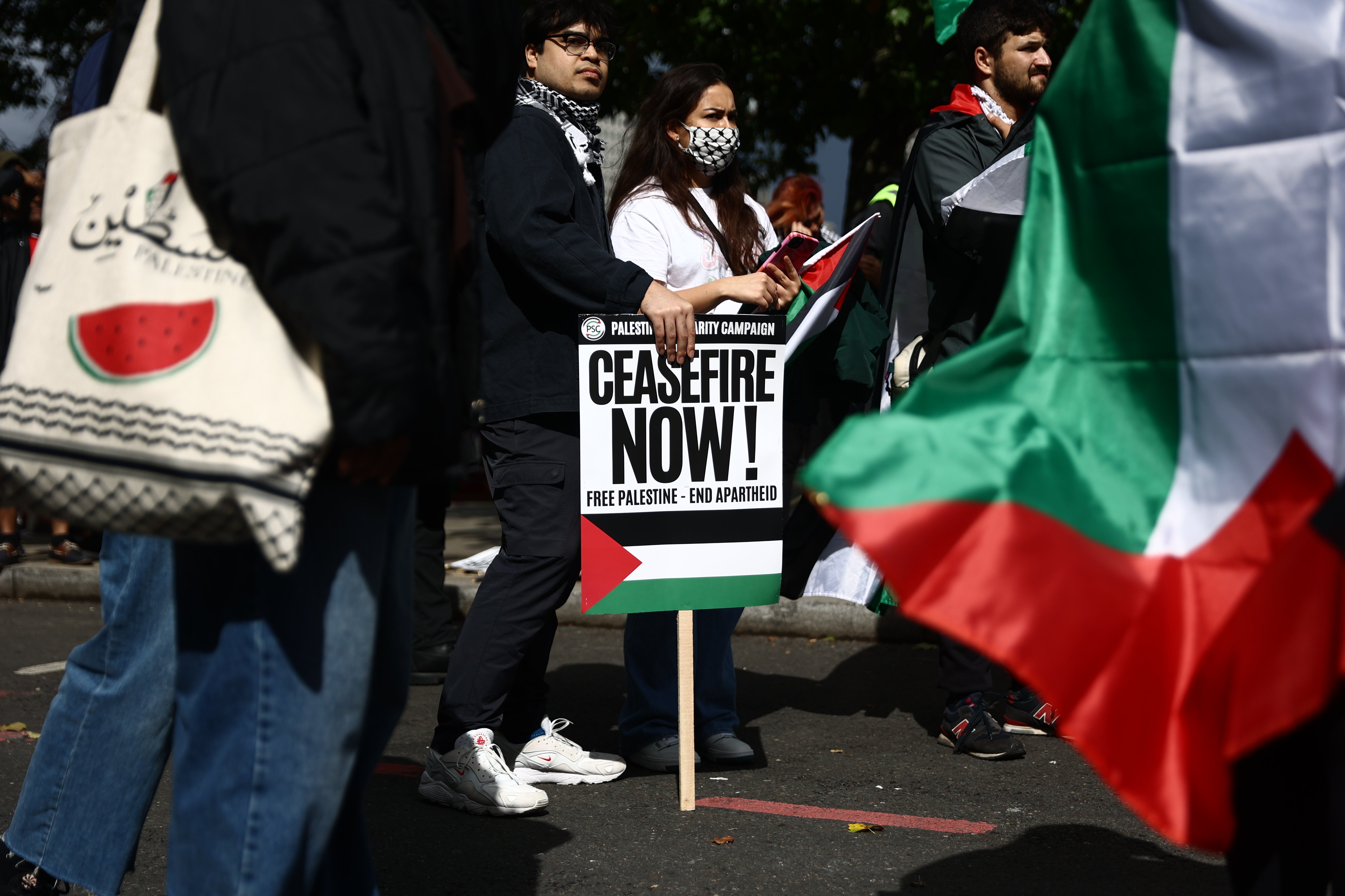 People have shown solidarity with the Palestinian people in the UK. Pictured here are those taking part in a pro-Palestine march in central London organised by the Palestine Solidarity Campaign.