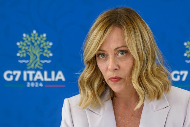 <p>Giorgia Meloni speaks during a press conference at the G7 summit in Fasano, Italy, on 15 June 2024  </p>