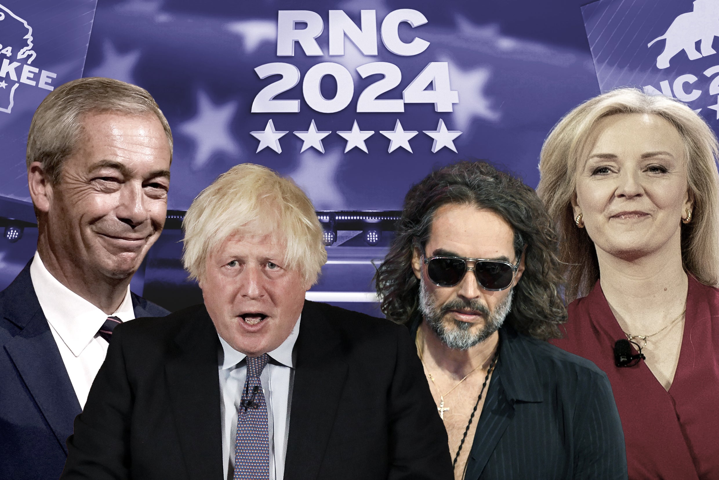 Familiar British faces including (L-R) Nigel Farage, Boris Johnson, Russell Brand, and Liz Truss have all been pictured at the 2024 Republican National Convention