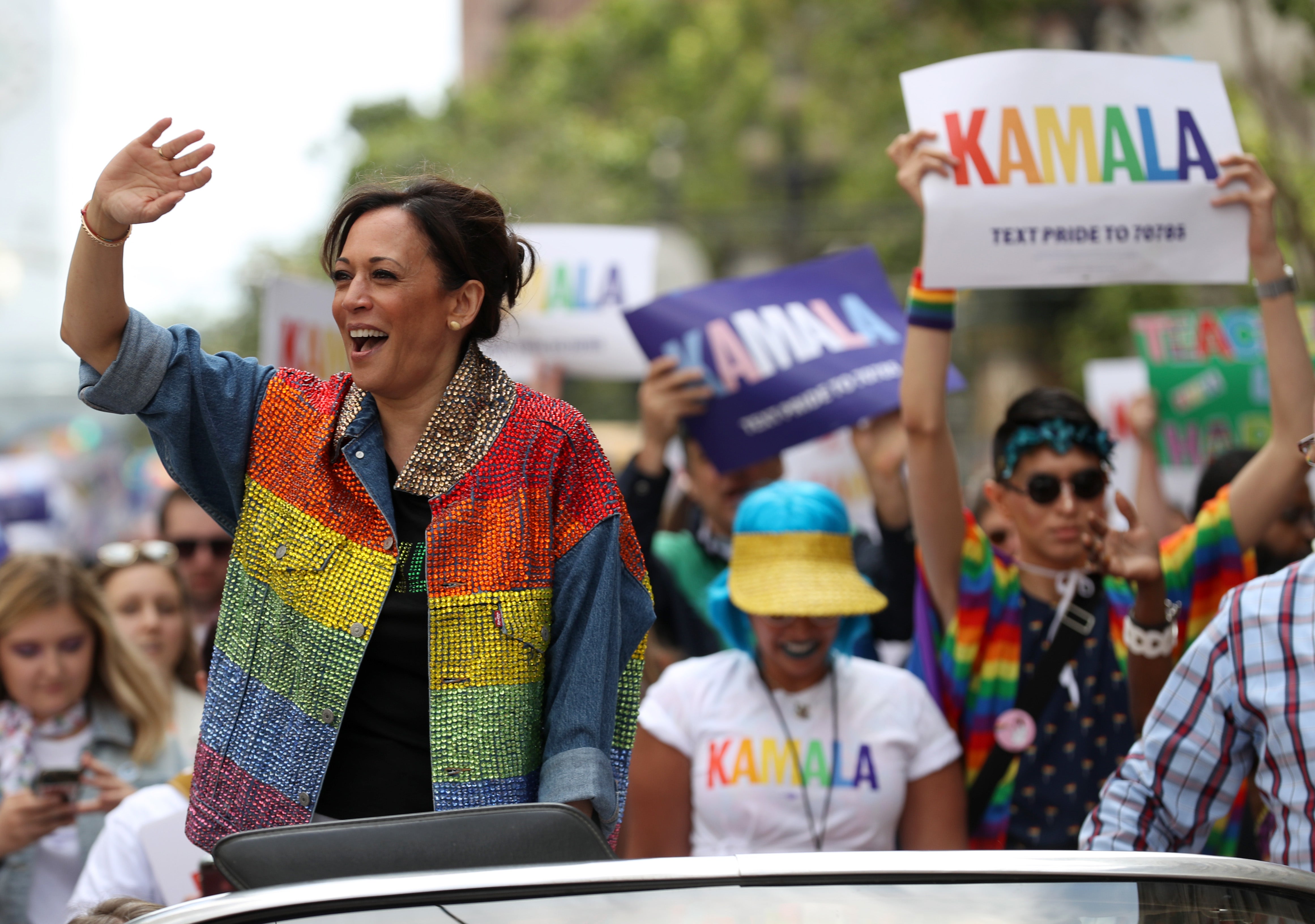 Harris waves to the crowd at San Francisco Pride in 2019 when she was a presidential candidate