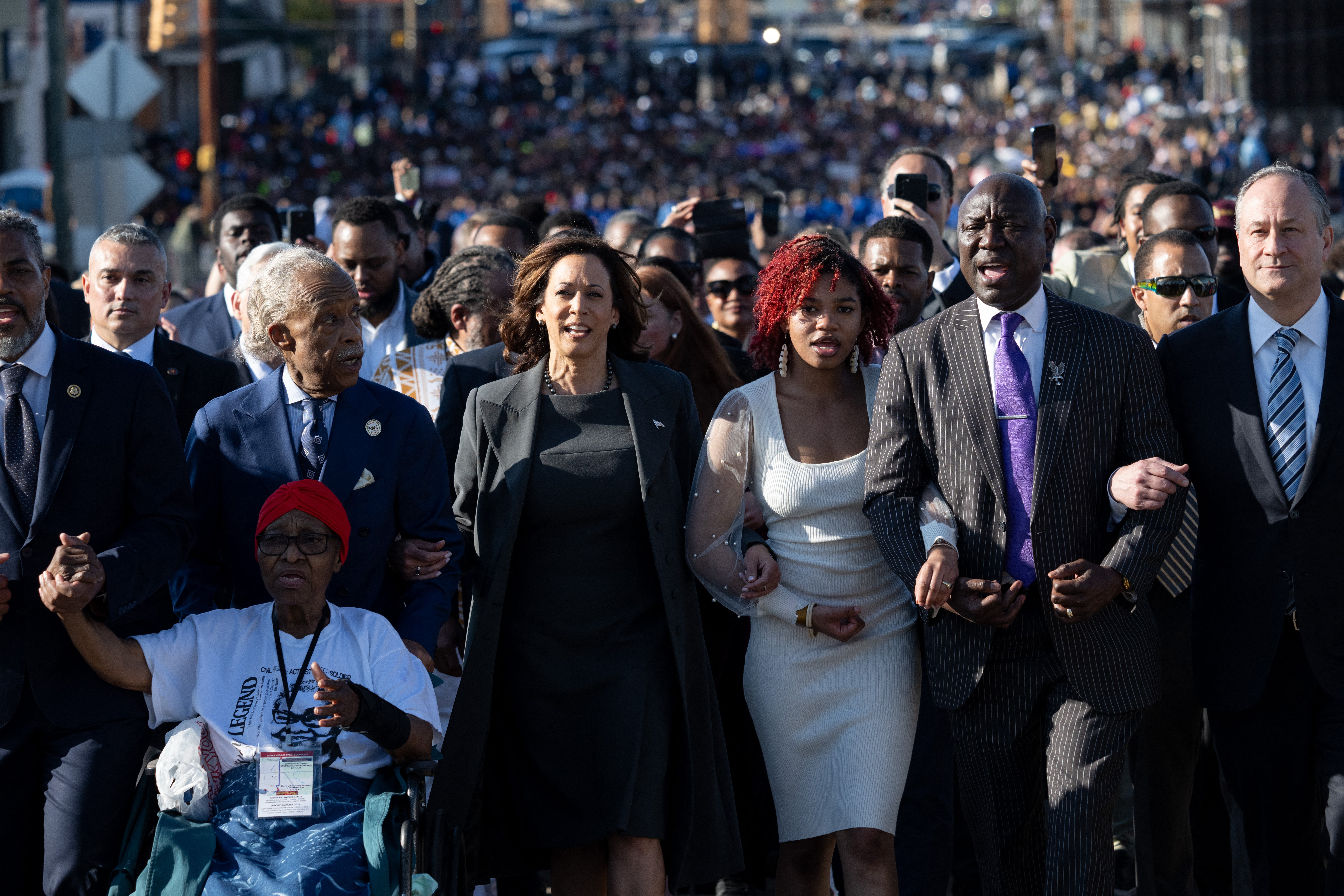 Kamala Harris walks in a march across the Edmund Pettus Bridge during a commemoration of the 59th anniversary of Bloody Sunday in Selma, Alabama, March, 2024